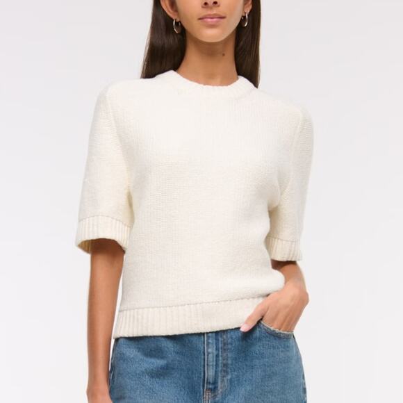 Abercrombie and Fitch Madeline Cream Textured Short Sleeve Sweater Tee M - Picture 1 of 7